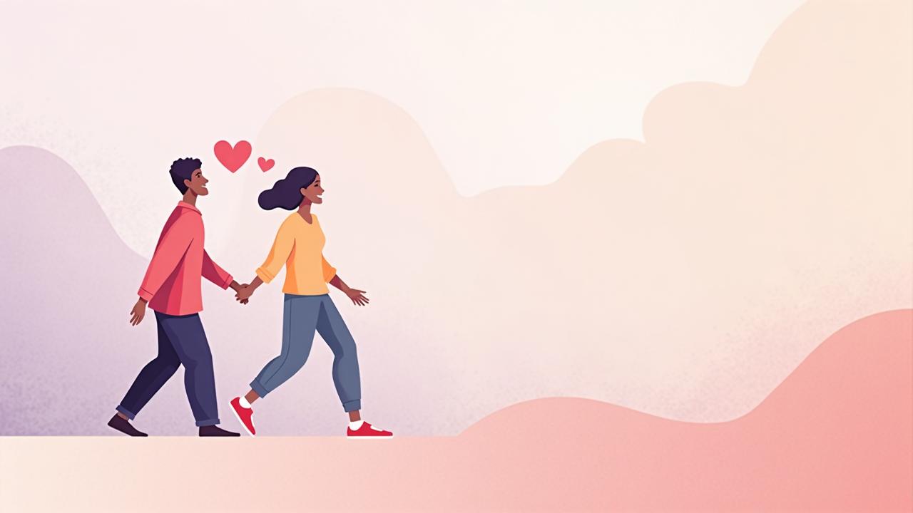 Two people walking toward each other with a heart in the middle, symbolizing meeting halfway